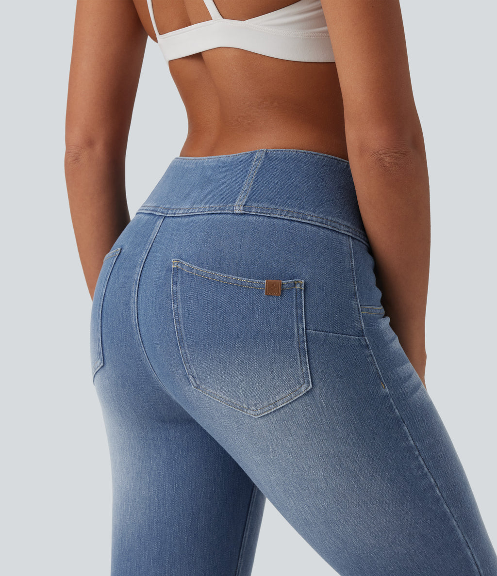 Mid Rise Zipper Tummy Control Casual Skinny Jeans with Pockets — Blue Jasper Denim — view 4
