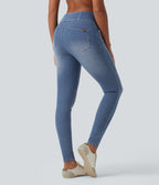 Mid Rise Zipper Tummy Control Casual Skinny Jeans with Pockets — Blue Jasper Denim — view 2