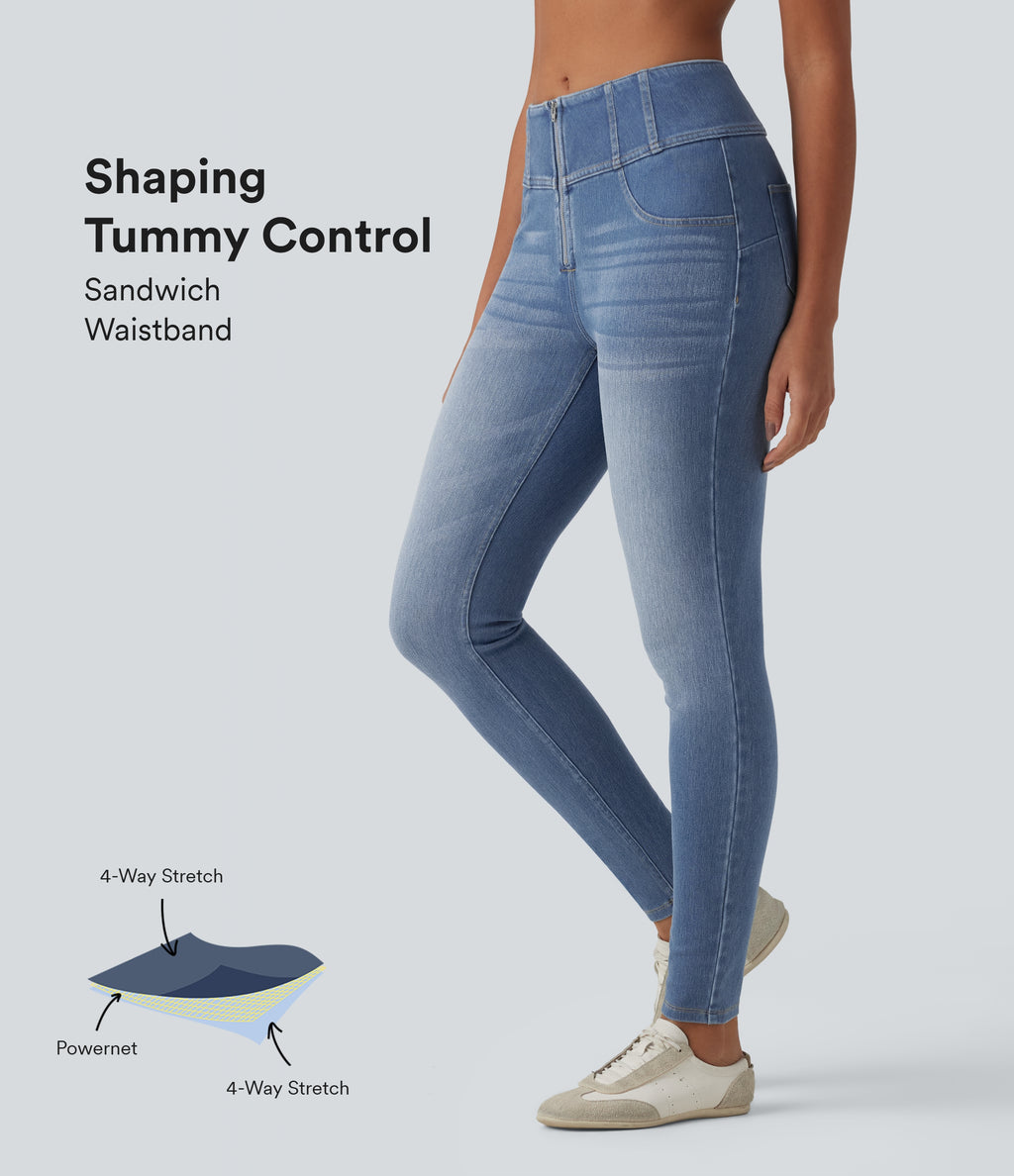 Mid Rise Zipper Tummy Control Casual Skinny Jeans with Pockets — Blue Jasper Denim — view 1