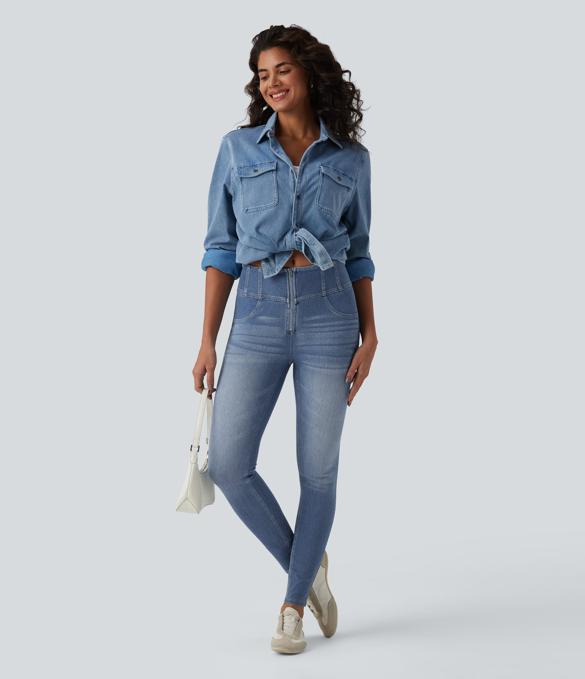 Mid Rise Zipper Tummy Control Casual Skinny Jeans with Pockets — Blue Jasper Denim — view 6