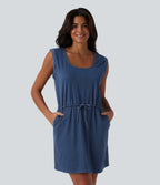 U-Neck Sleeveless Drawstring Mini Draped Lyocell Denim Casual Dress with Pockets — Estate Blue Denim — view 1