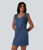 U-Neck Sleeveless Drawstring Mini Draped Lyocell Denim Casual Dress with Pockets — Estate Blue Denim — view 3