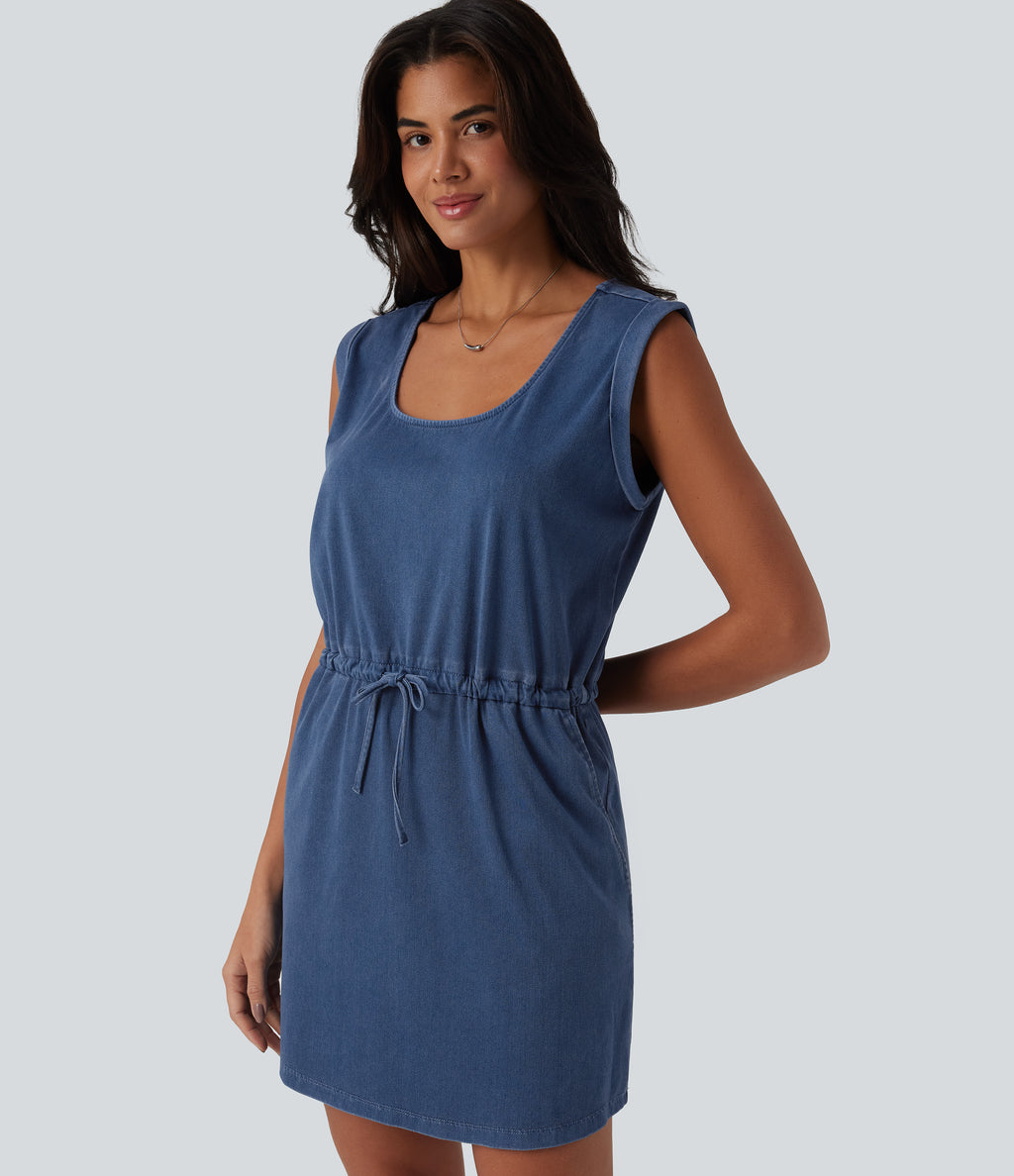 U-Neck Sleeveless Drawstring Mini Draped Lyocell Denim Casual Dress with Pockets — Estate Blue Denim — view 4