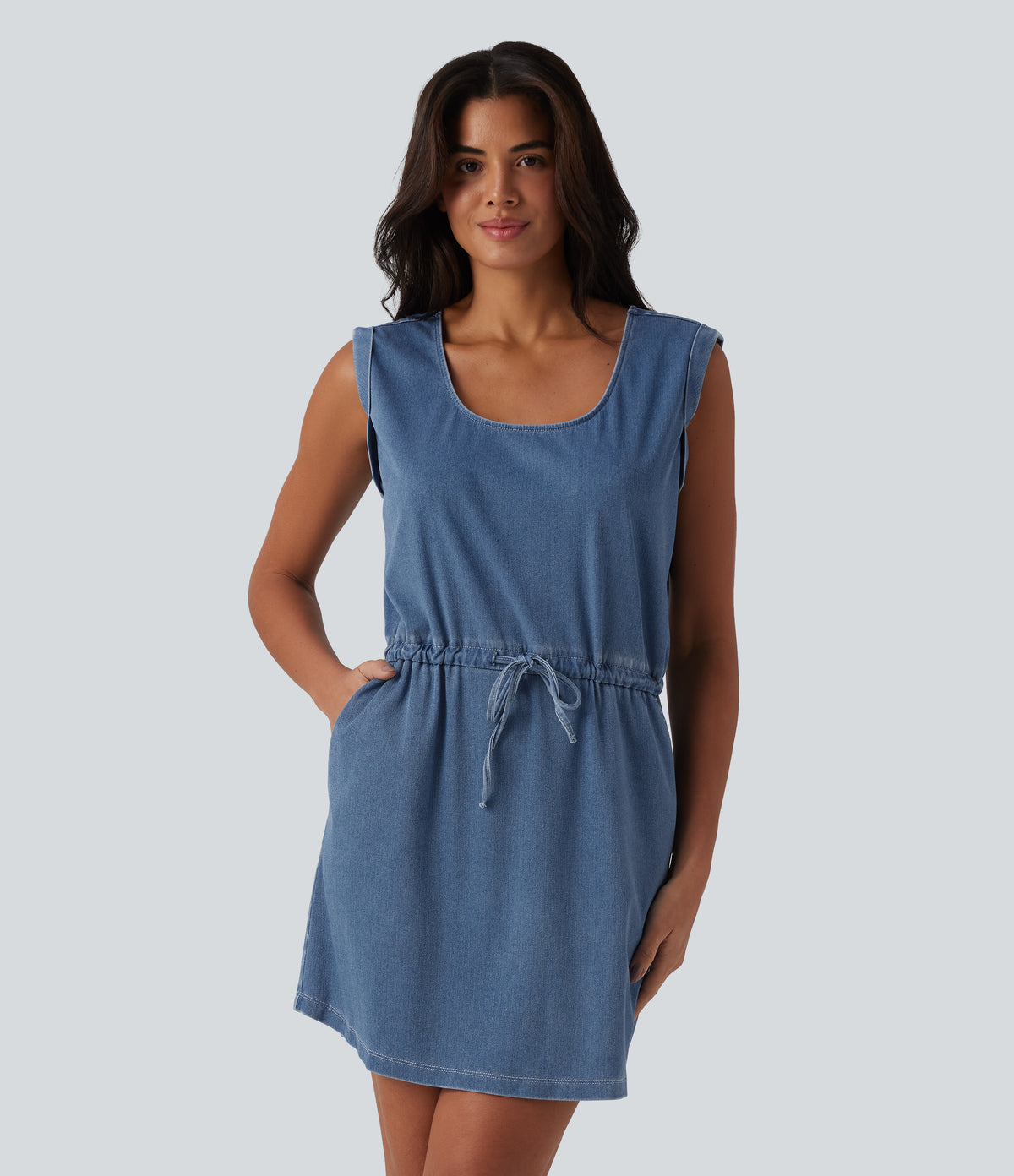 U-Neck Sleeveless Drawstring Mini Draped Lyocell Denim Casual Dress with Pockets — Blue Jasper Denim — view 6