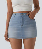 Denim High Waisted Micro Casual Skort with Pockets — Powder Blue Denim — view 5