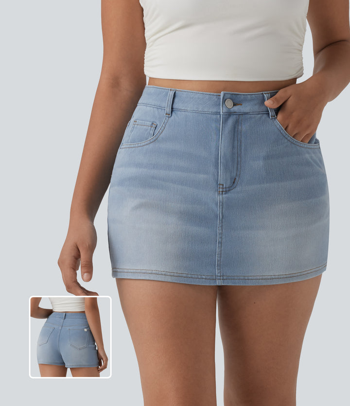 Denim High Waisted Micro Casual Skort with Pockets — Powder Blue Denim — view 1