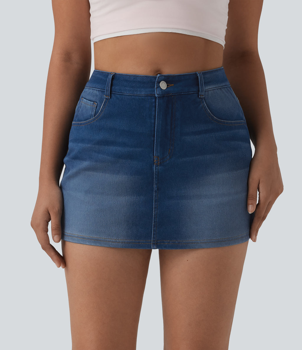 Denim High Waisted Micro Casual Skort with Pockets — Gulf Stream Blue Denim — view 9