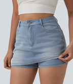 Denim High Waisted Micro Casual Skort with Pockets — Powder Blue Denim — view 4