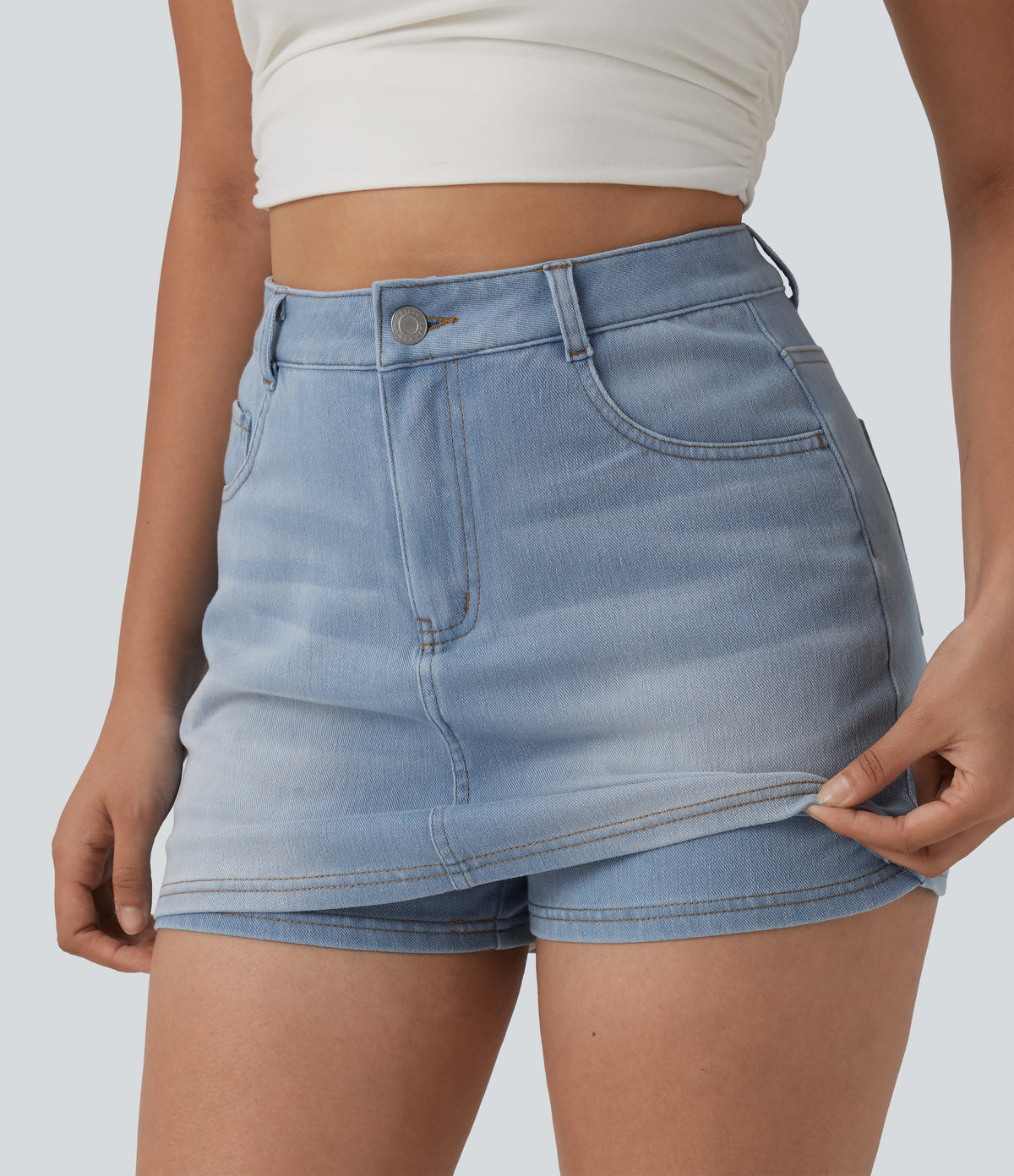Denim High Waisted Micro Casual Skort with Pockets — Powder Blue Denim — view 4