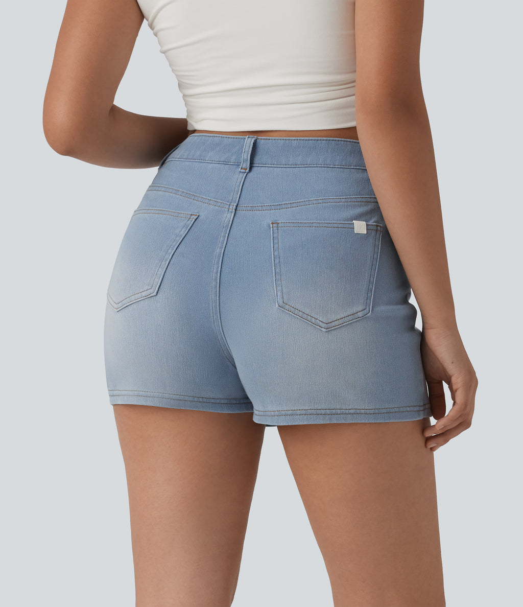 Denim High Waisted Micro Casual Skort with Pockets — Powder Blue Denim — view 2