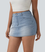 Denim High Waisted Micro Casual Skort with Pockets — Powder Blue Denim — view 3