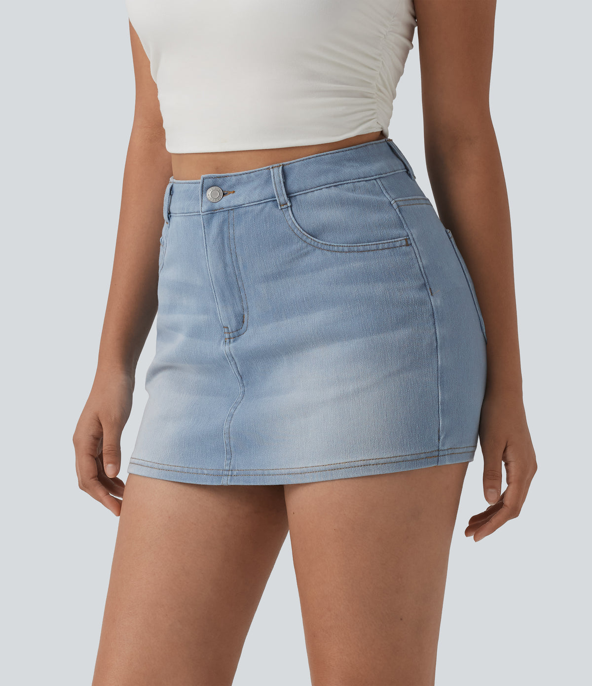 Denim High Waisted Micro Casual Skort with Pockets — Powder Blue Denim — view 3