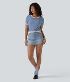Denim High Waisted Micro Casual Skort with Pockets — Powder Blue Denim — view 8