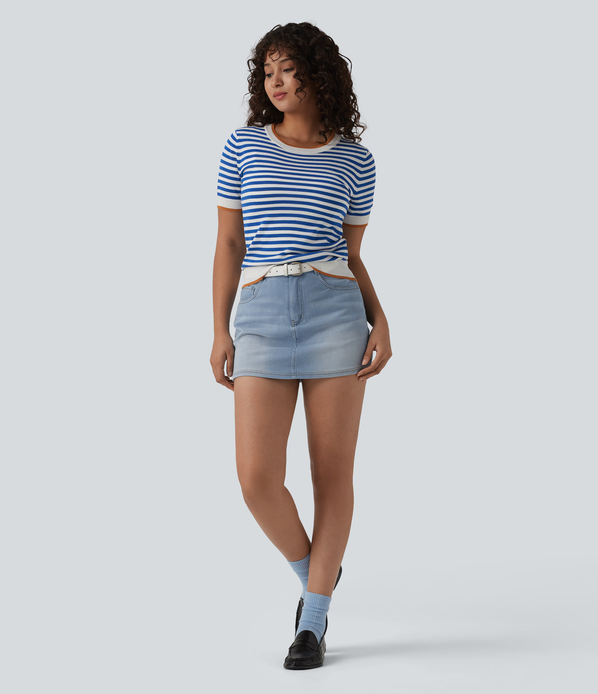 Denim High Waisted Micro Casual Skort with Pockets — Powder Blue Denim — view 8
