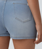 Denim High Waisted Micro Casual Skort with Pockets — Powder Blue Denim — view 7