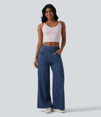 Mid Rise Tummy Control Zebra Stripe Casual Wide Leg Jeans with Pockets — Zebra Stripe - Medium Dark Blue — view 6