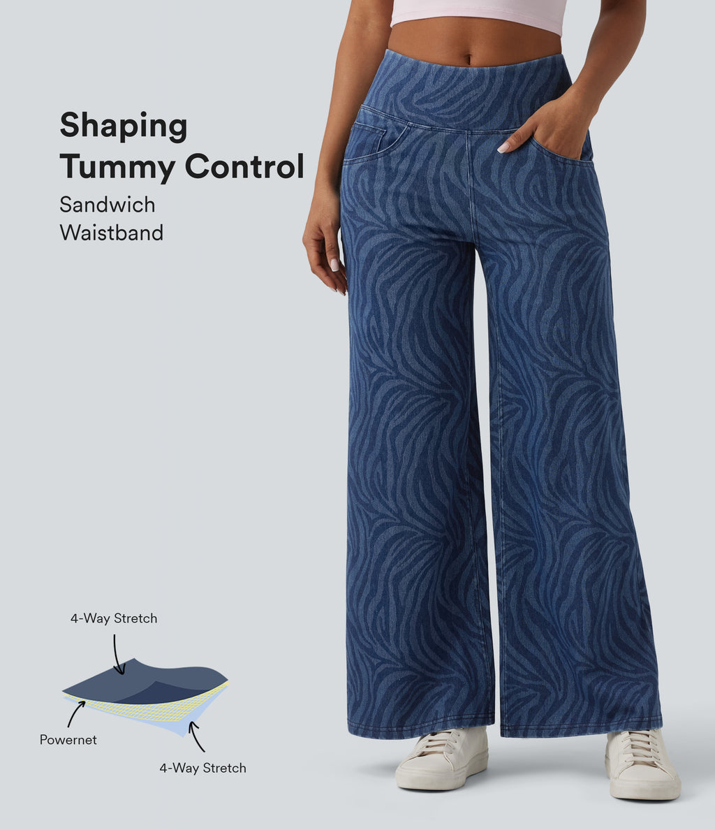 Mid Rise Tummy Control Zebra Stripe Casual Wide Leg Jeans with Pockets — Zebra Stripe - Medium Dark Blue — view 1