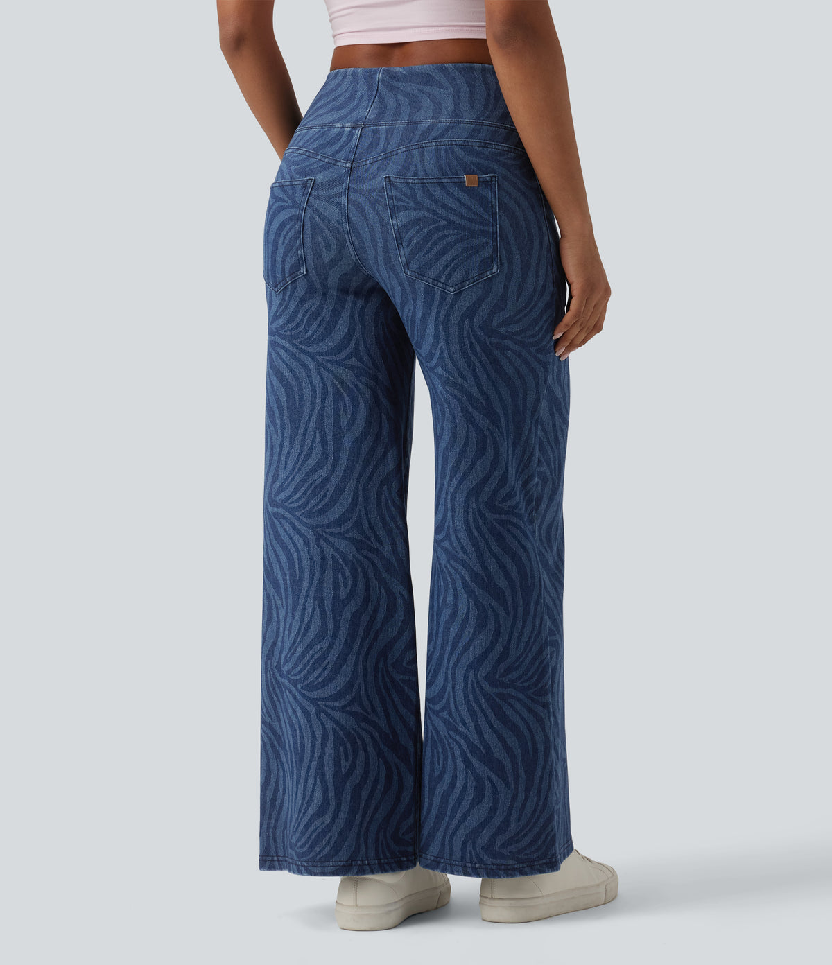 Mid Rise Tummy Control Zebra Stripe Casual Wide Leg Jeans with Pockets — Zebra Stripe - Medium Dark Blue — view 2