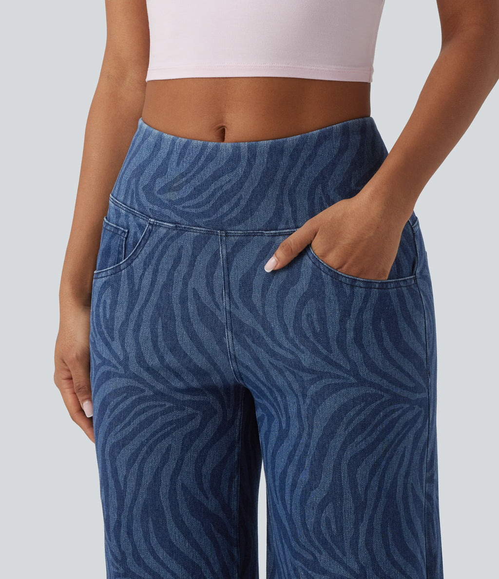 Mid Rise Tummy Control Zebra Stripe Casual Wide Leg Jeans with Pockets — Zebra Stripe - Medium Dark Blue — view 4
