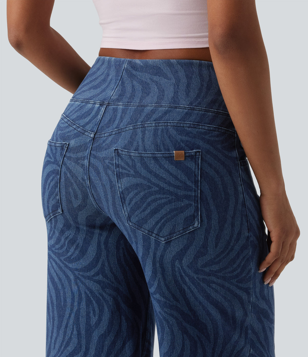 Mid Rise Tummy Control Zebra Stripe Casual Wide Leg Jeans with Pockets — Zebra Stripe - Medium Dark Blue — view 5