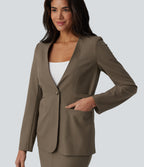 Long Sleeve Work Linen-Blend Blazer with Pockets — Driftwood Brown — view 5