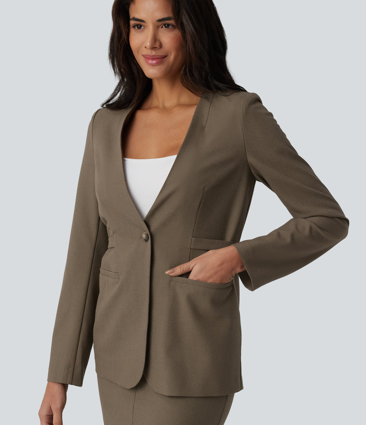 Long Sleeve Work Linen-Blend Blazer with Pockets — Driftwood Brown — view 5