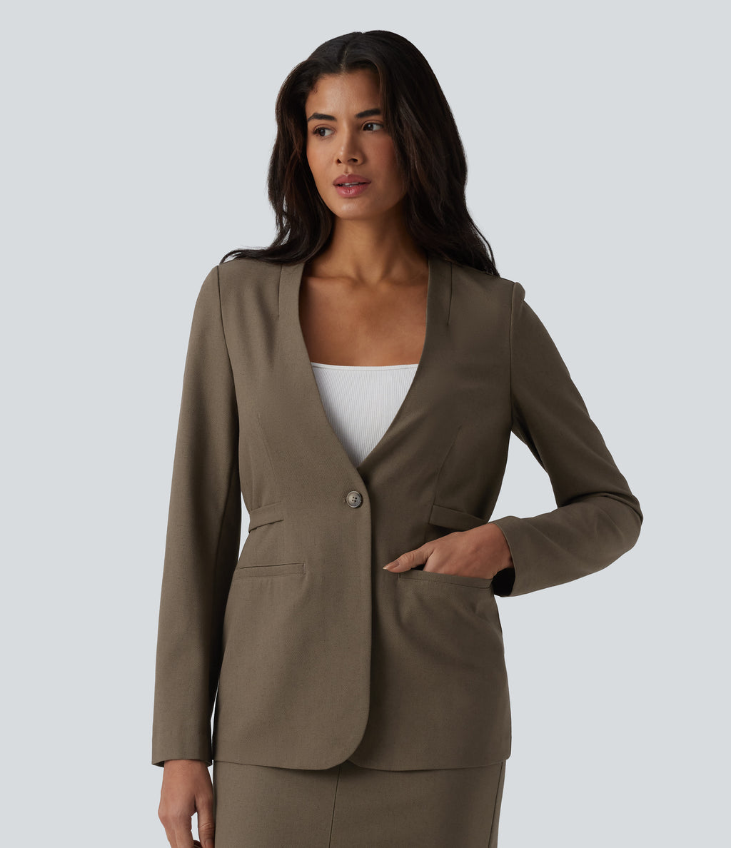 Long Sleeve Work Linen-Blend Blazer with Pockets — Driftwood Brown — view 1