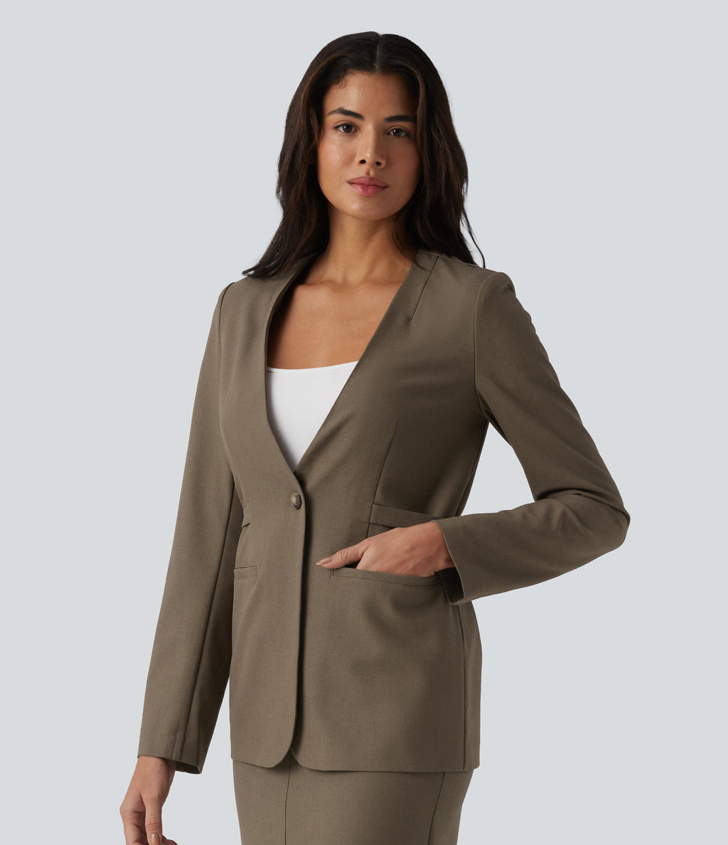 Long Sleeve Work Linen-Blend Blazer with Pockets — Driftwood Brown — view 3