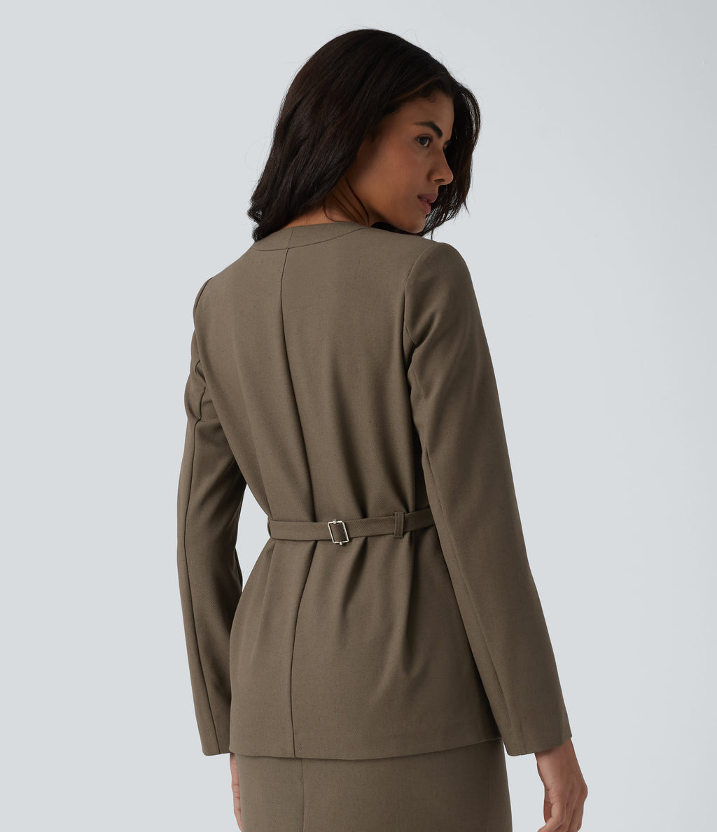 Long Sleeve Work Linen-Blend Blazer with Pockets — Driftwood Brown — view 2