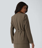 Long Sleeve Work Linen-Blend Blazer with Pockets — Driftwood Brown — view 2