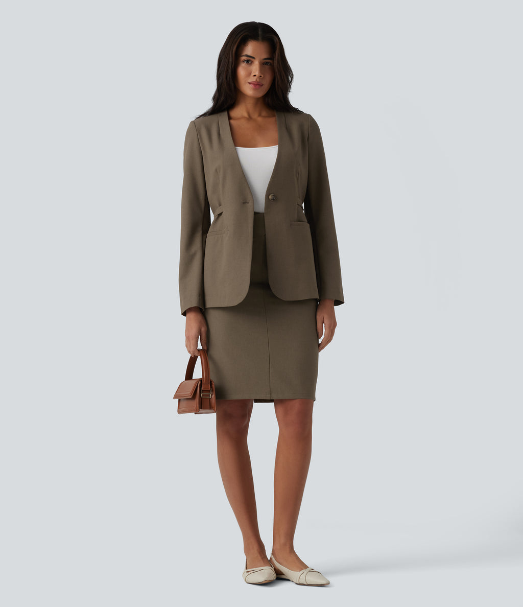 Long Sleeve Work Linen-Blend Blazer with Pockets — Driftwood Brown — view 6