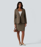 Long Sleeve Work Linen-Blend Blazer with Pockets — Driftwood Brown — view 6