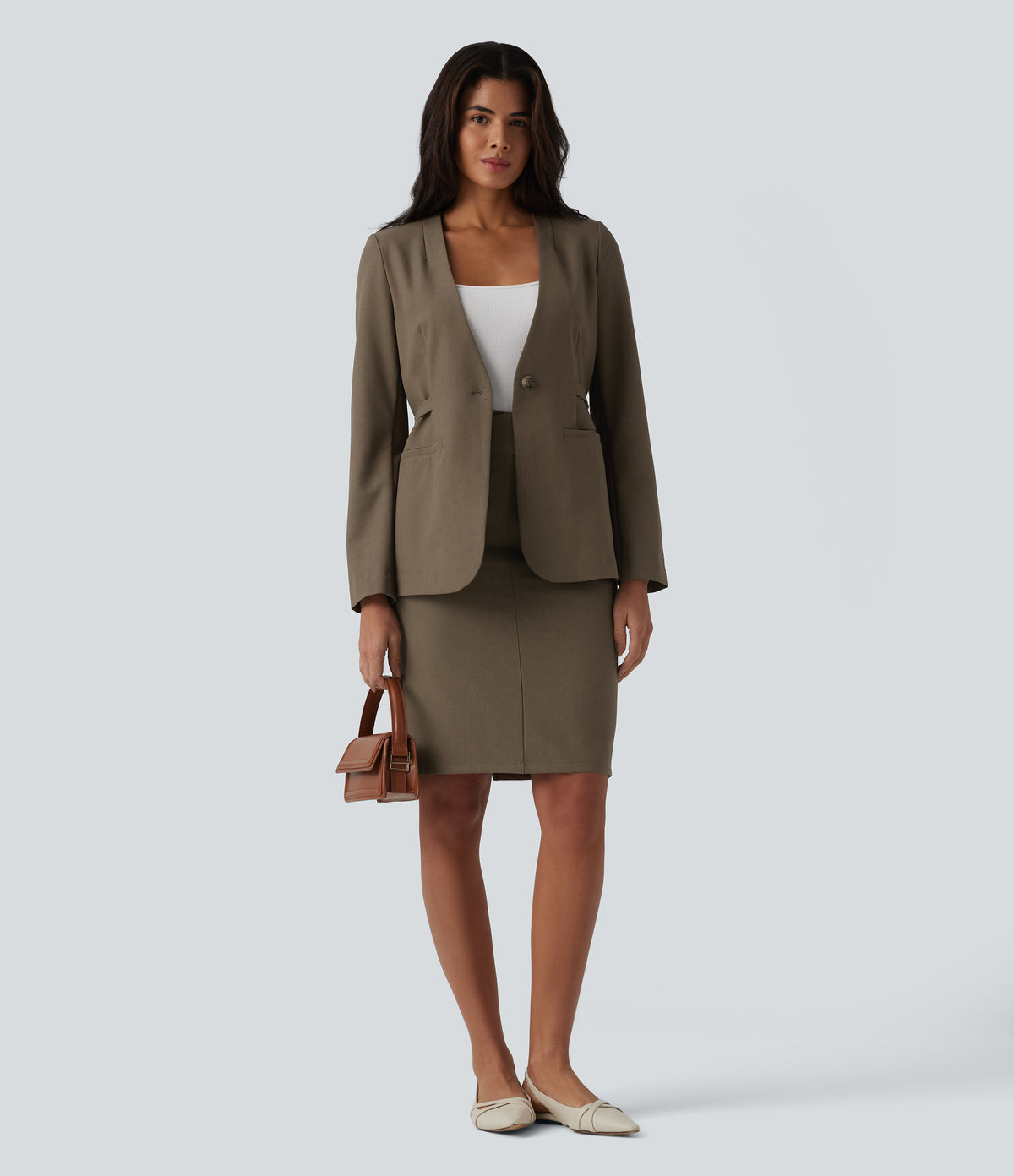 Long Sleeve Work Linen-Blend Blazer with Pockets — Driftwood Brown — view 6