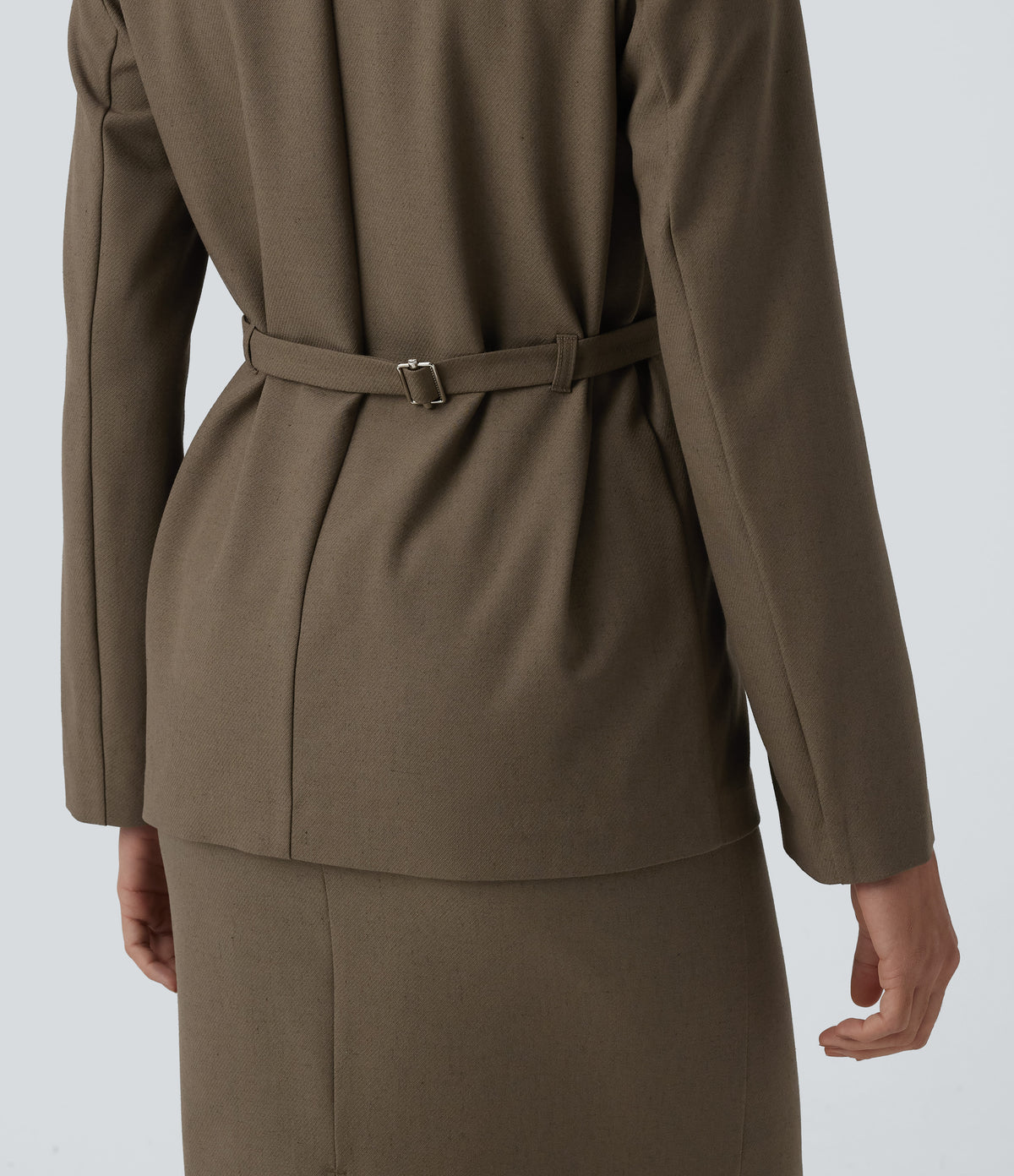 Long Sleeve Work Linen-Blend Blazer with Pockets — Driftwood Brown — view 4