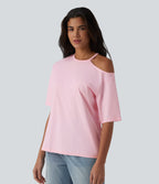 Round Neck Cut Out Half Sleeve Casual Cotton T-Shirt — Tender Touch — view 3