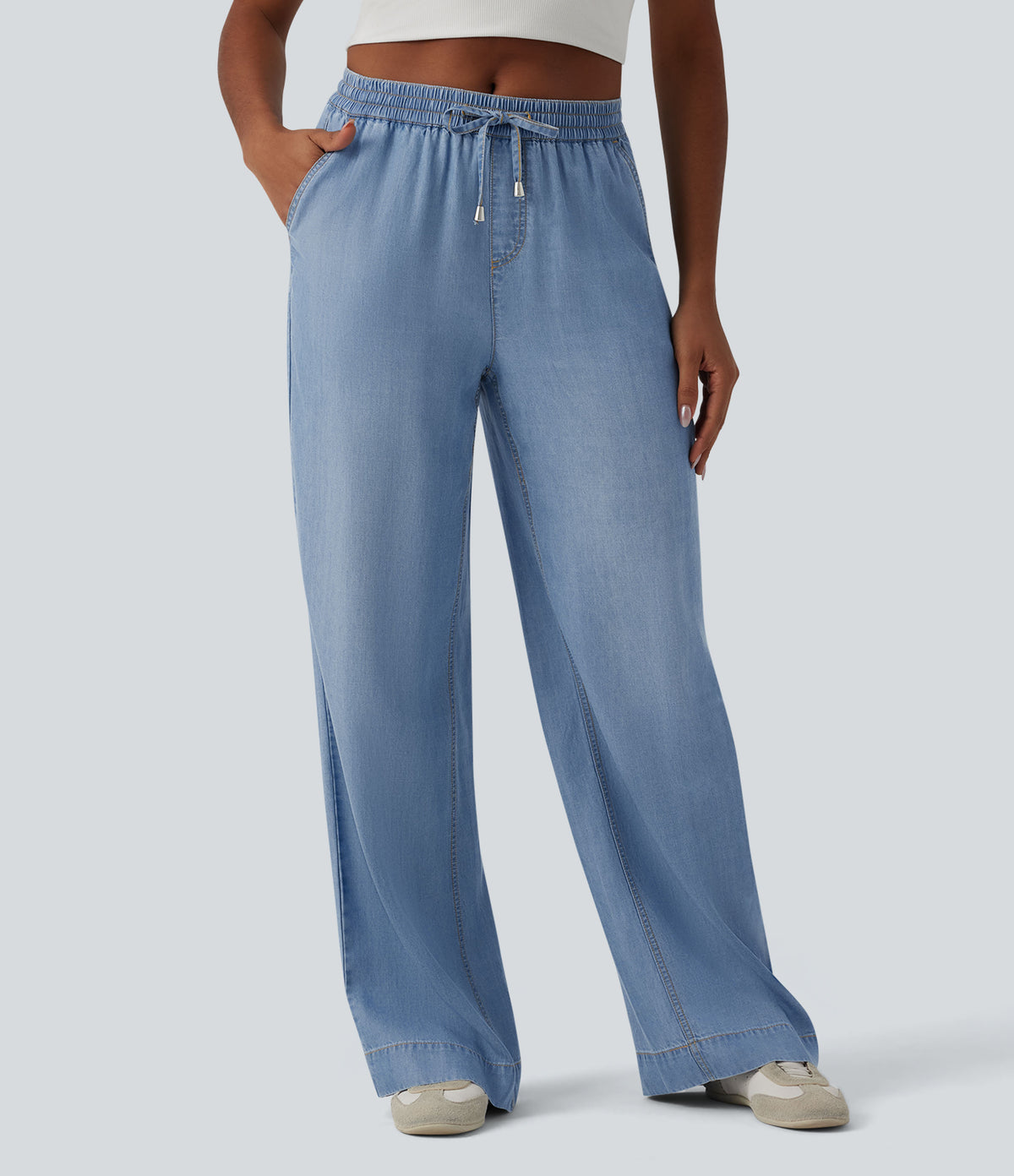 Mid Rise Drawstring Draped Casual Lyocell Wide Leg Jeans with Pockets — Malibu Blue Denim — view 1