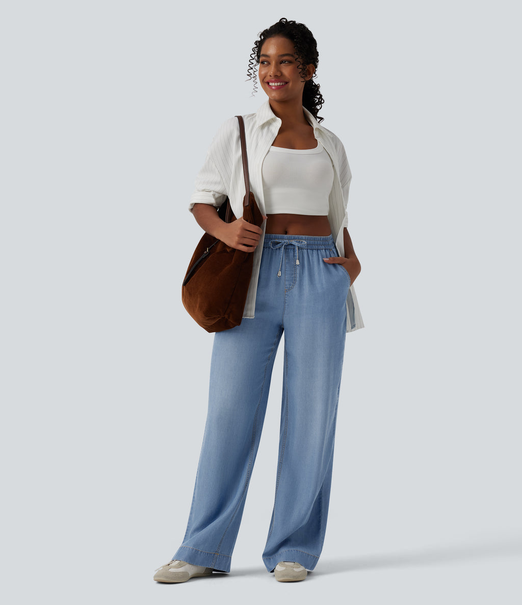 Mid Rise Drawstring Draped Casual Lyocell Wide Leg Jeans with Pockets — Malibu Blue Denim — view 6