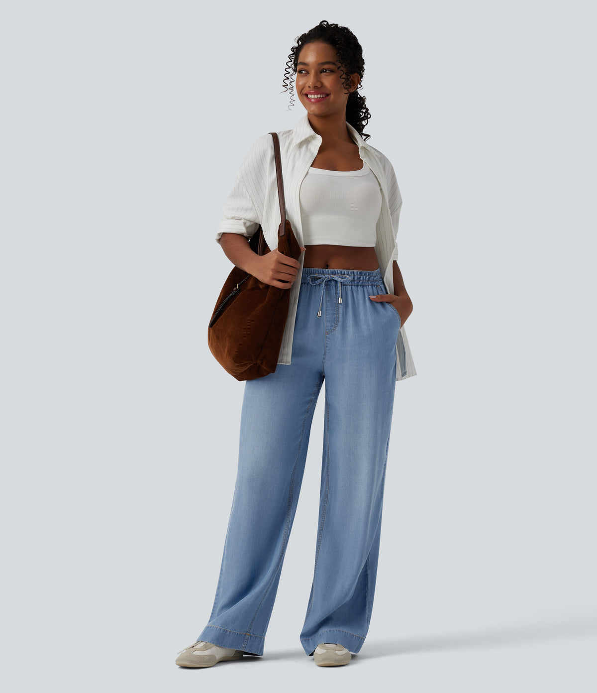 Mid Rise Drawstring Draped Casual Lyocell Wide Leg Jeans with Pockets — Malibu Blue Denim — view 6