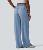 Mid Rise Drawstring Draped Casual Lyocell Wide Leg Jeans with Pockets — Malibu Blue Denim — view 2