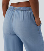Mid Rise Drawstring Draped Casual Lyocell Wide Leg Jeans with Pockets — Malibu Blue Denim — view 5