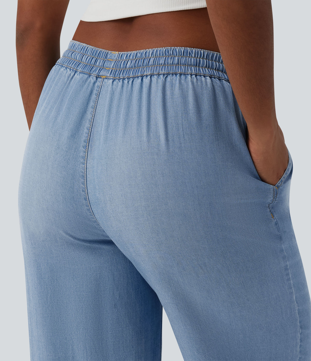 Mid Rise Drawstring Draped Casual Lyocell Wide Leg Jeans with Pockets — Malibu Blue Denim — view 5