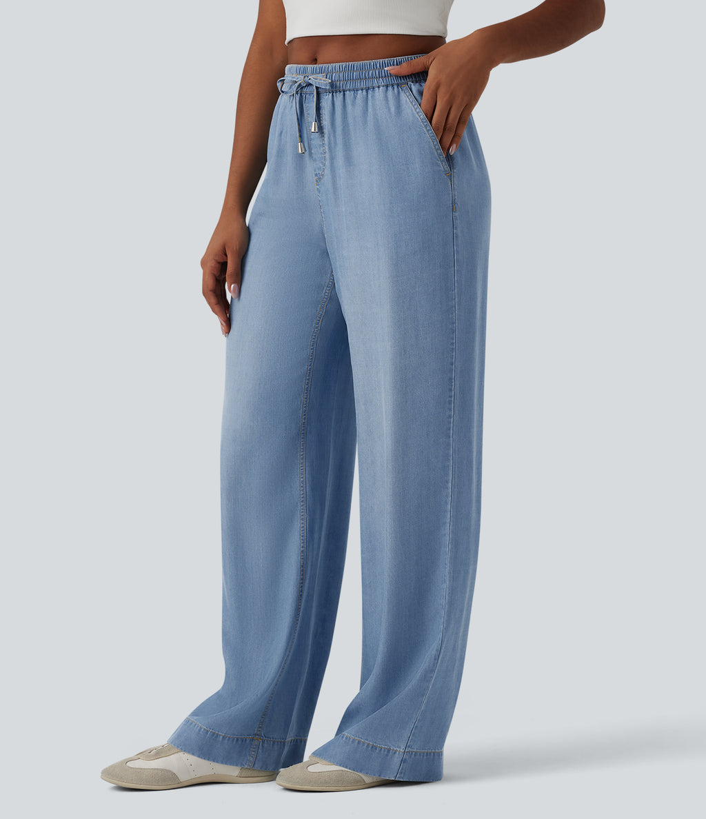 Mid Rise Drawstring Draped Casual Lyocell Wide Leg Jeans with Pockets — Malibu Blue Denim — view 3
