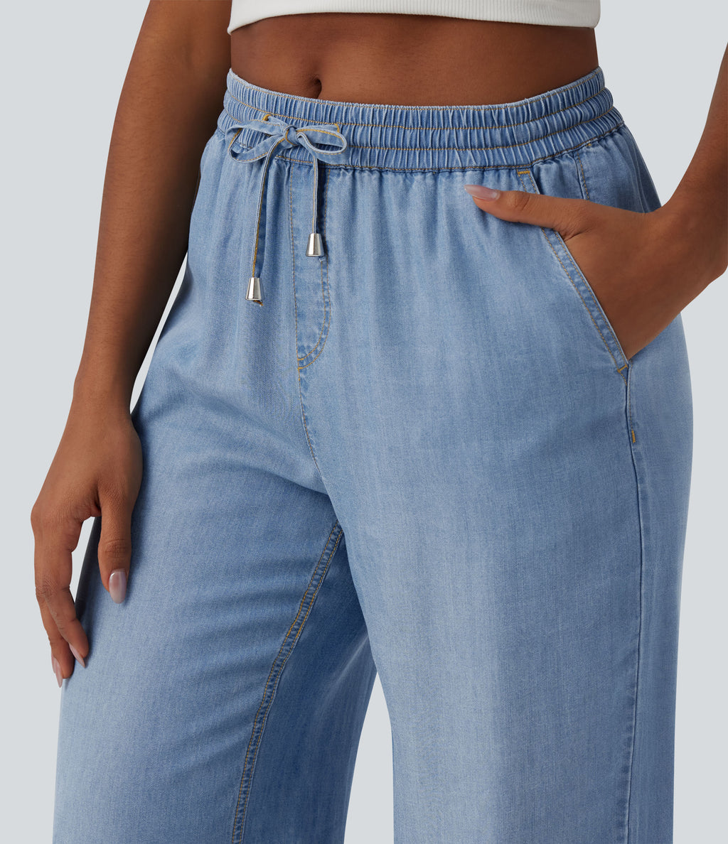 Mid Rise Drawstring Draped Casual Lyocell Wide Leg Jeans with Pockets — Malibu Blue Denim — view 4