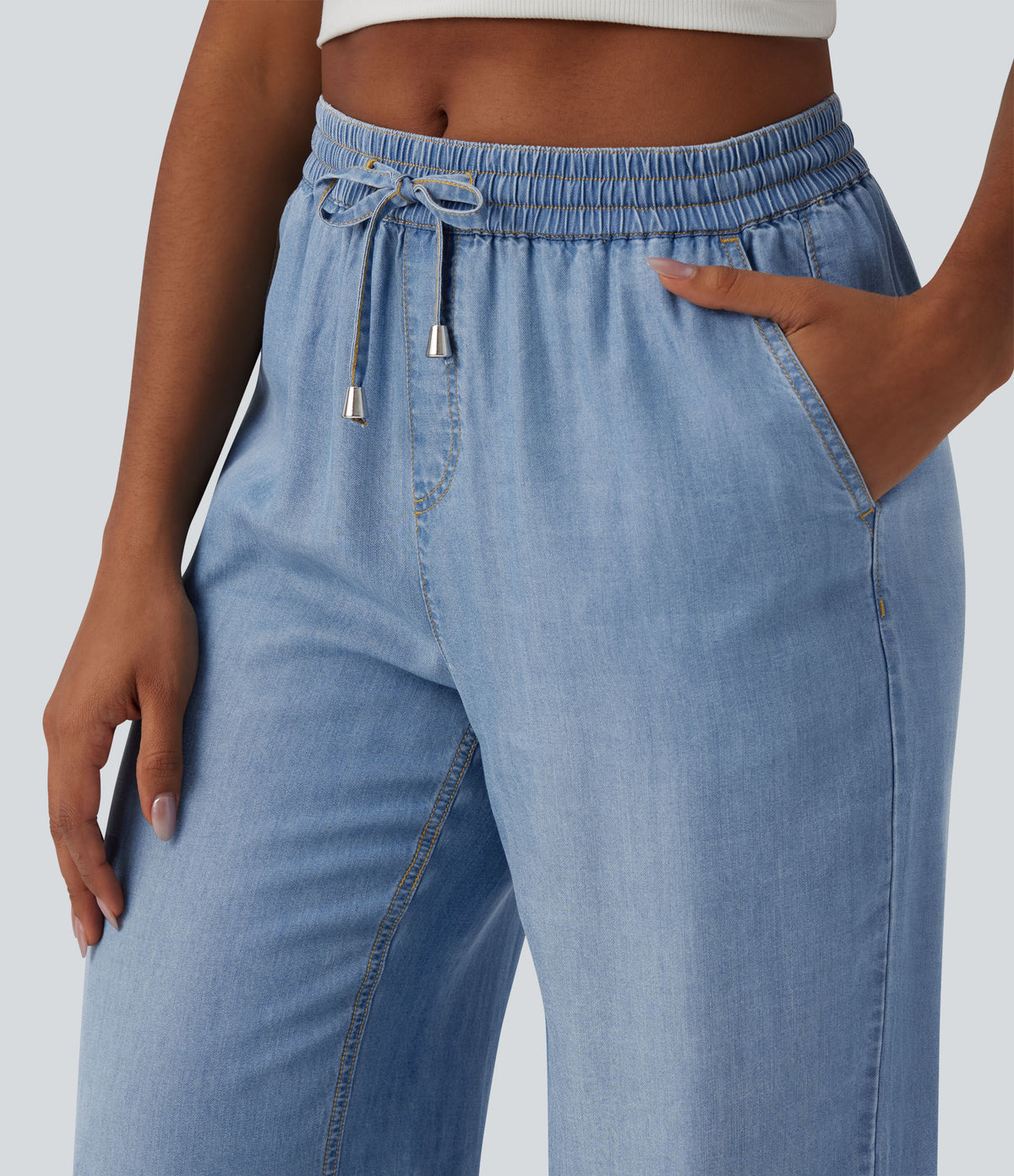 Mid Rise Drawstring Draped Casual Lyocell Wide Leg Jeans with Pockets — Malibu Blue Denim — view 4