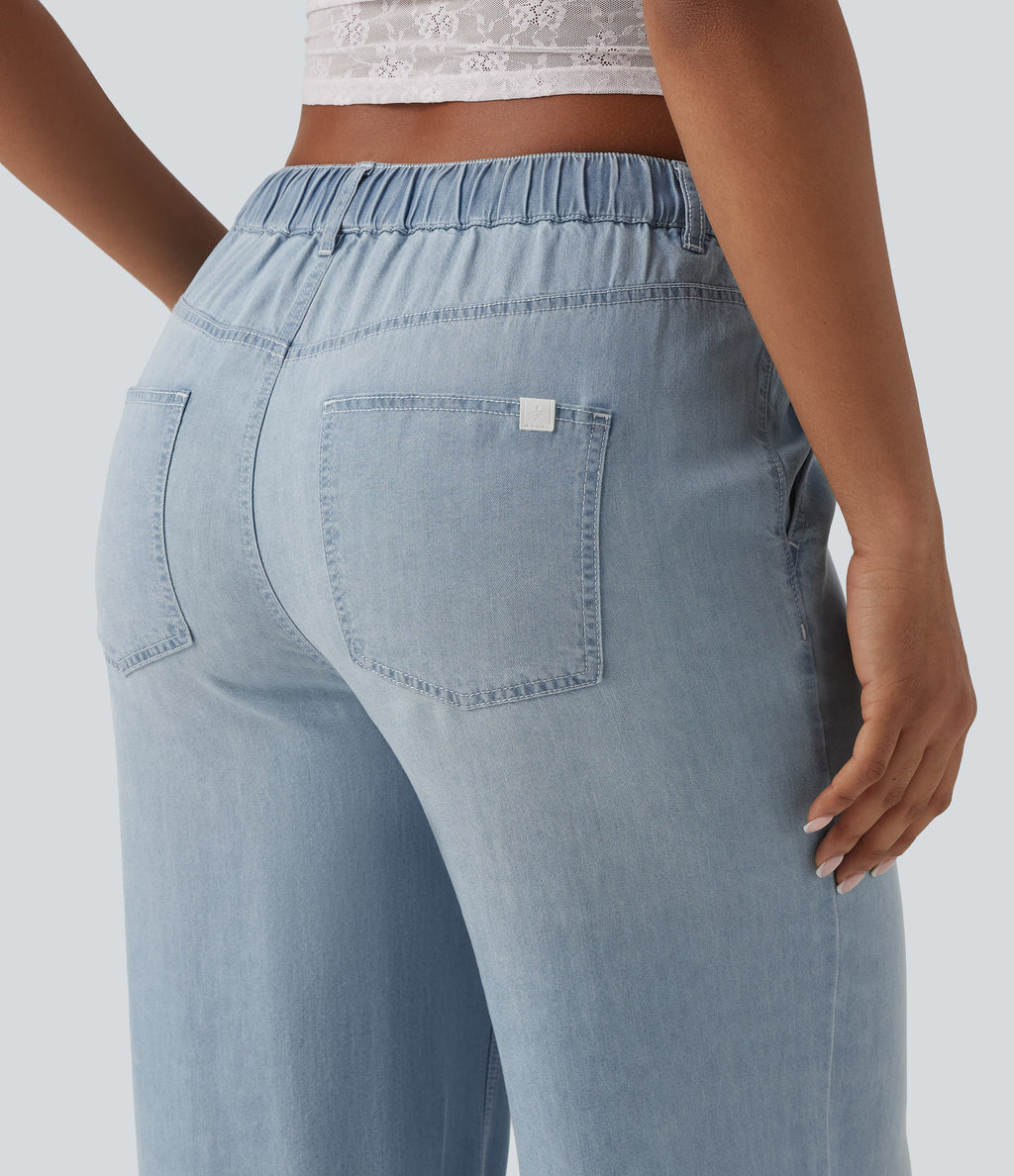 Mid Rise Drawstring Casual Jeans with Pockets — Malibu Blue Denim — view 6