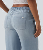 Mid Rise Drawstring Casual Jeans with Pockets — Malibu Blue Denim — view 6