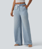 Mid Rise Drawstring Casual Jeans with Pockets — Malibu Blue Denim — view 3