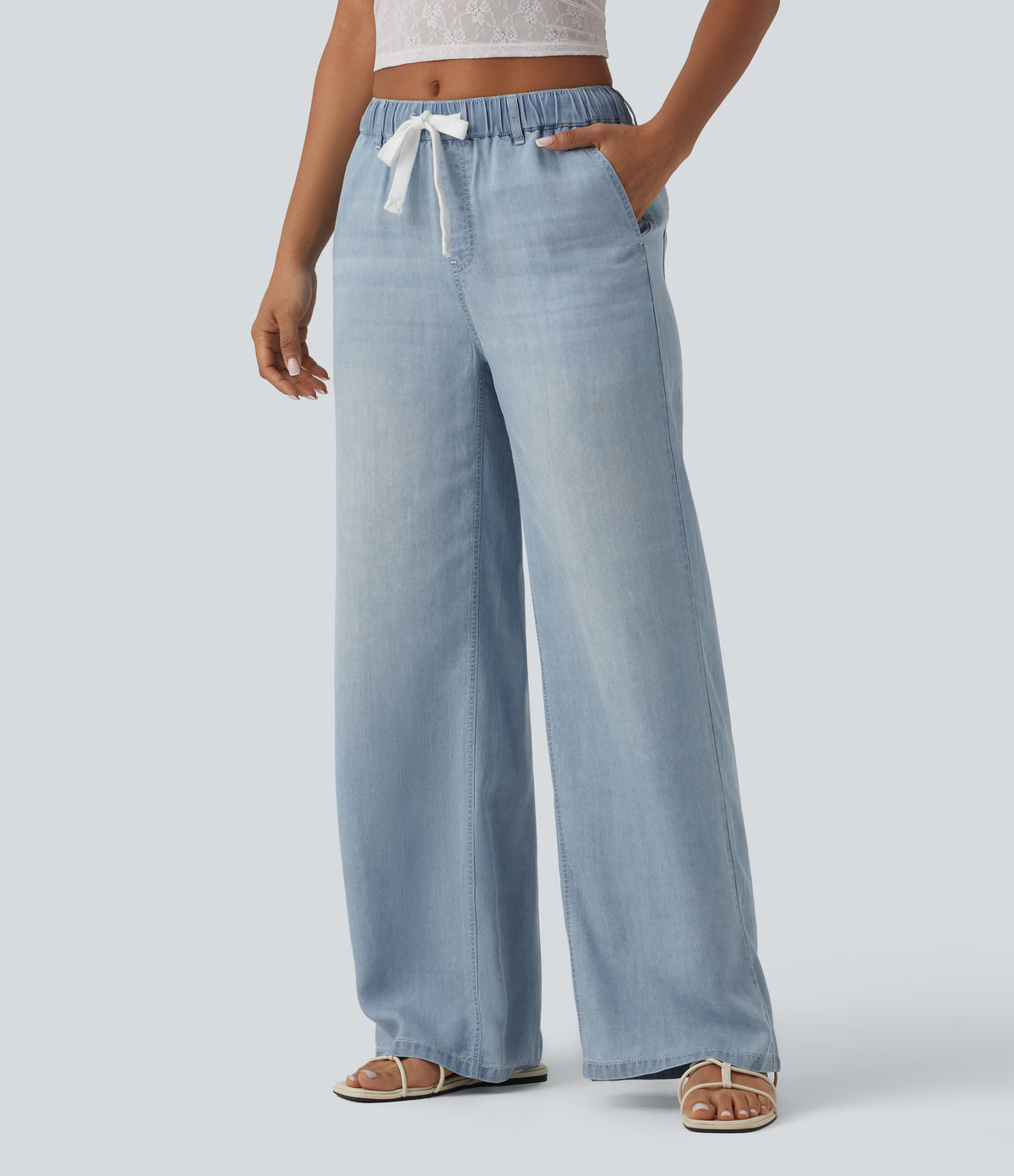 Mid Rise Drawstring Casual Jeans with Pockets — Malibu Blue Denim — view 3