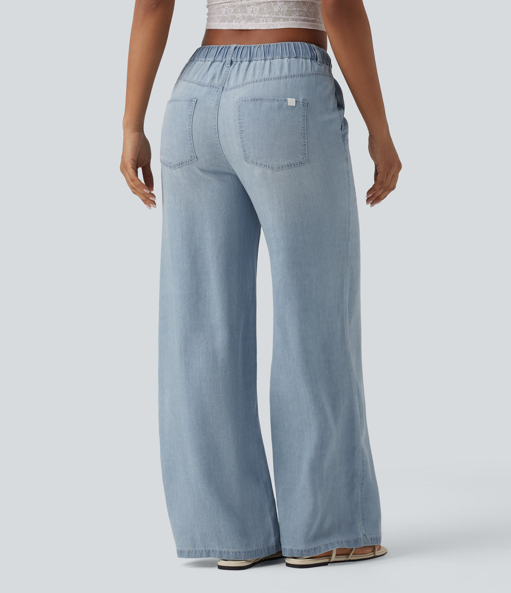 Mid Rise Drawstring Casual Jeans with Pockets — Malibu Blue Denim — view 2