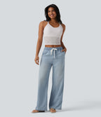 Mid Rise Drawstring Casual Jeans with Pockets — Malibu Blue Denim — view 4